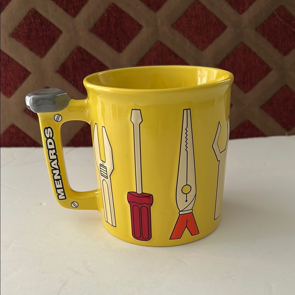 Menards embossed Yellow hands Tools theme ceramic coffee tea Mug 14oz capacity